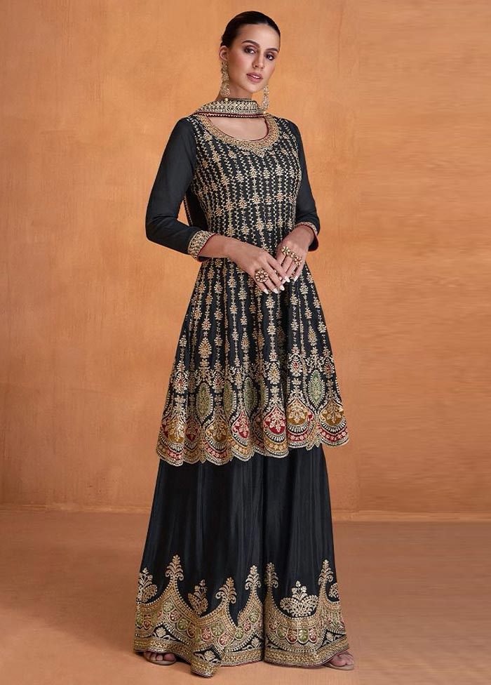 3 Pc Black Semi Stitched Georgette Suit Set