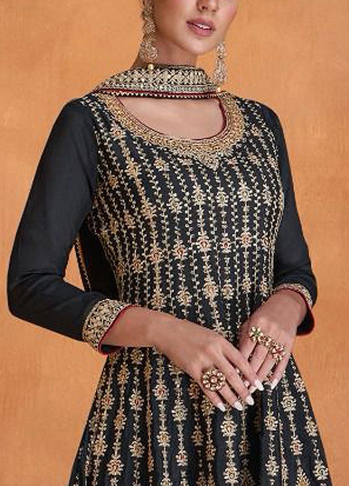 3 Pc Black Semi Stitched Georgette Suit Set