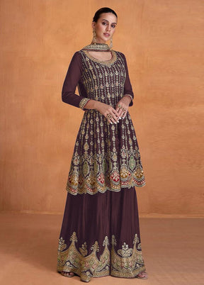 3 Pc Brown Semi Stitched Georgette Suit Set