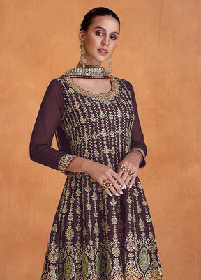 3 Pc Brown Semi Stitched Georgette Suit Set