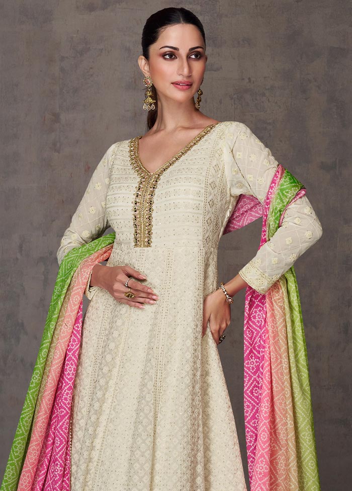 3 Pc Cream Semi Stitched Georgette Suit Set