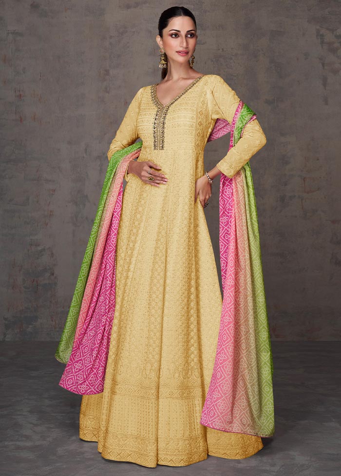 3 Pc Yellow Semi Stitched Georgette Suit Set