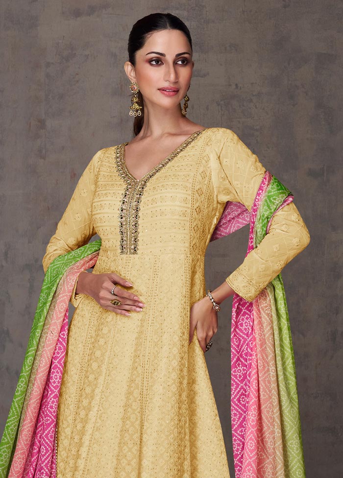 3 Pc Yellow Semi Stitched Georgette Suit Set