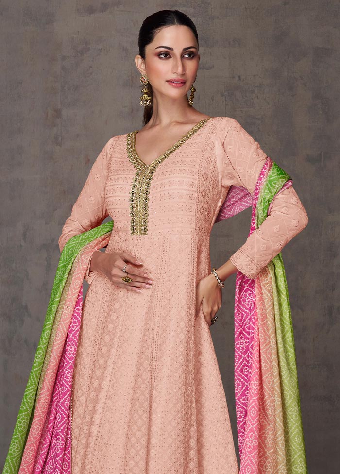 3 Pc Peach Semi Stitched Georgette Suit Set