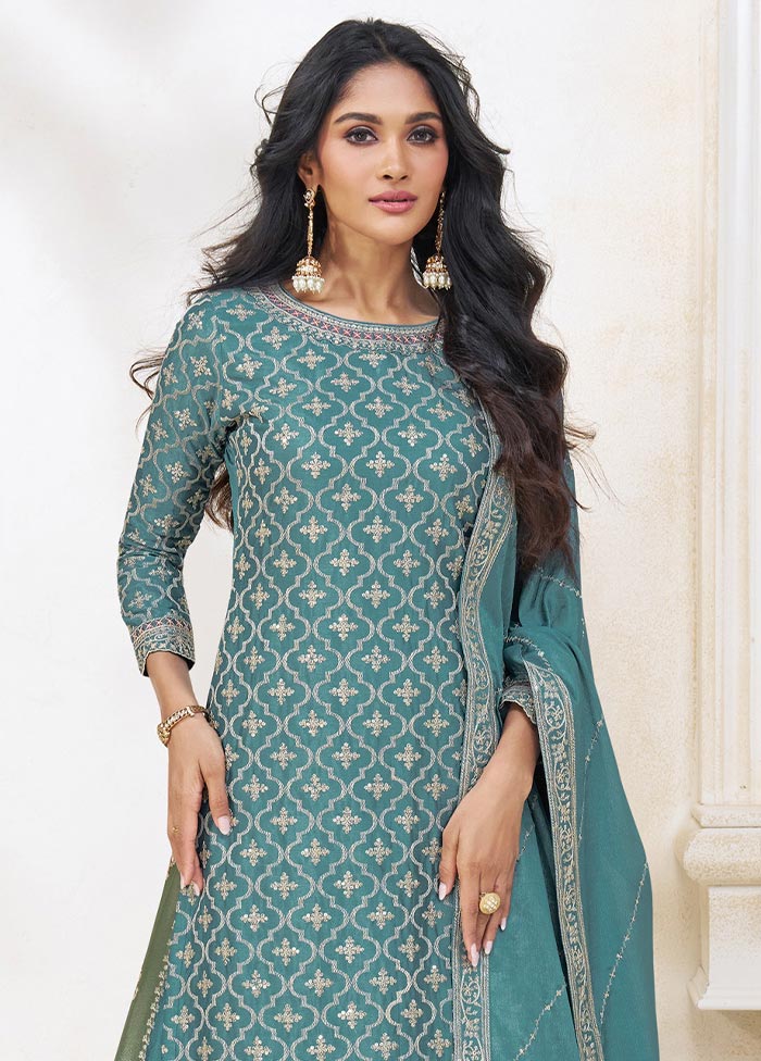 3 Pc Blue Semi Stitched Silk Suit Set