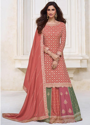 3 Pc Dark Peach Semi Stitched Silk Suit Set