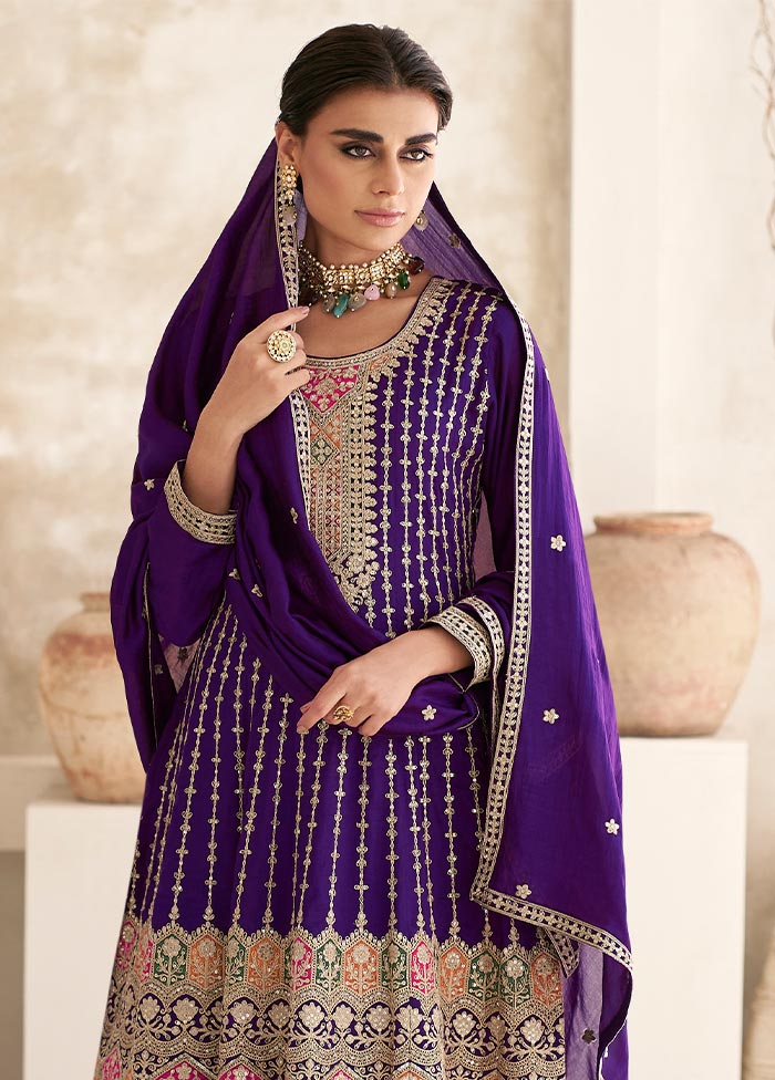 3 Pc Purple Semi Stitched Silk Suit Set