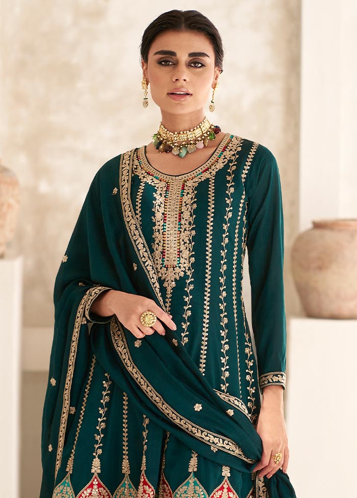 3 Pc Green Semi Stitched Silk Suit Set