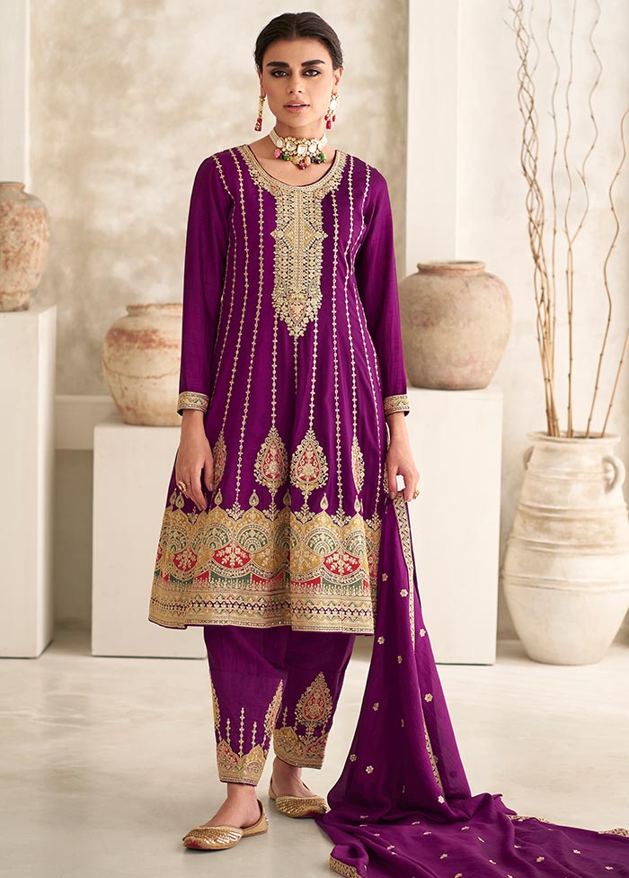 3 Pc Magenta Semi Stitched Silk Suit Set