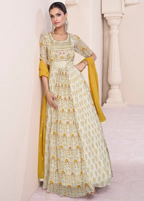 3 Pc Off White Semi Stitched Georgette Suit Set