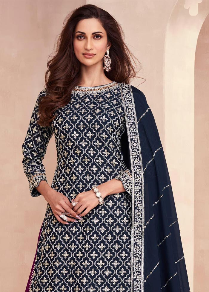 3 Pc Navy Blue Semi Stitched Silk Suit Set