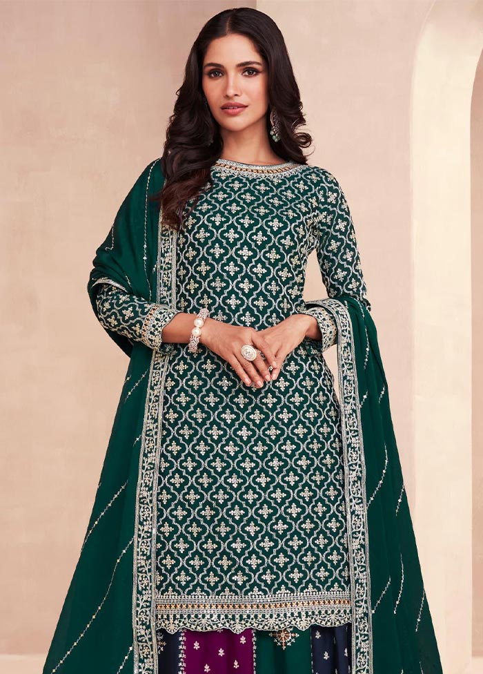 3 Pc Green Semi Stitched Silk Suit Set