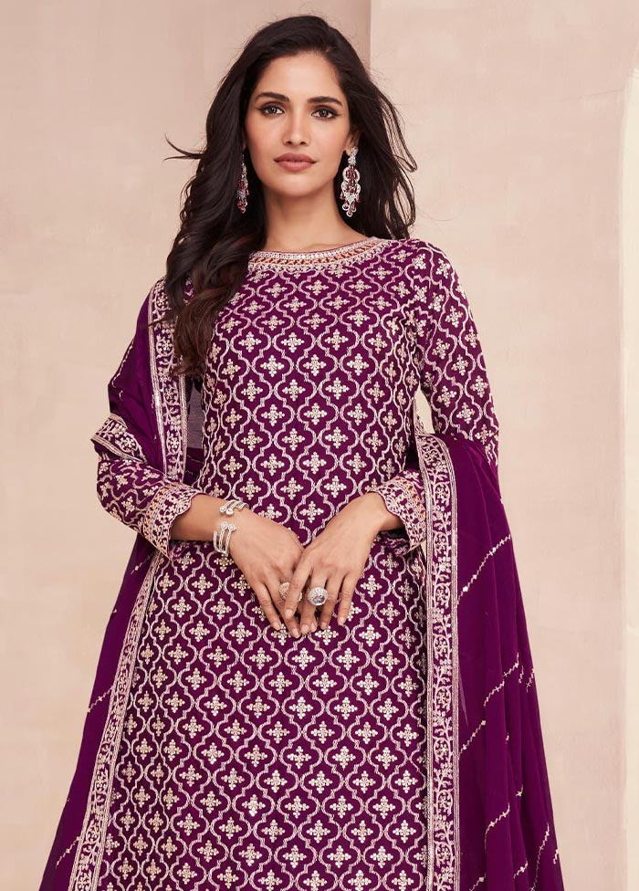 3 Pc Magenta Semi Stitched Silk Suit Set