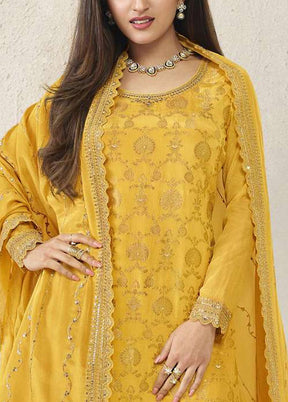 3 Pc Yellow Semi Stitched Viscose Suit Set