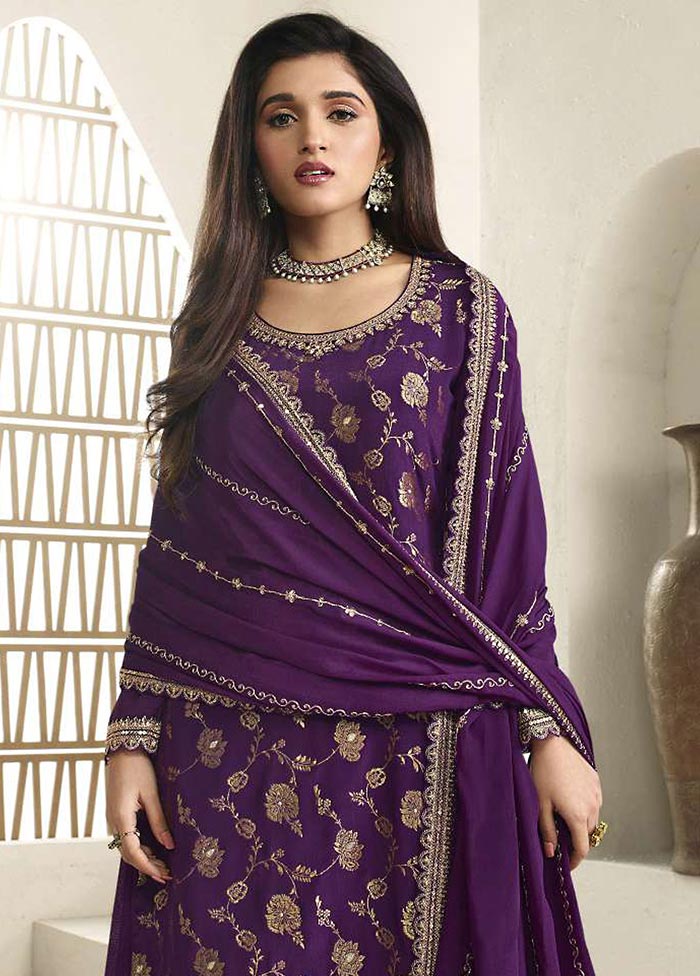 3 Pc Purple Semi Stitched Viscose Suit Set