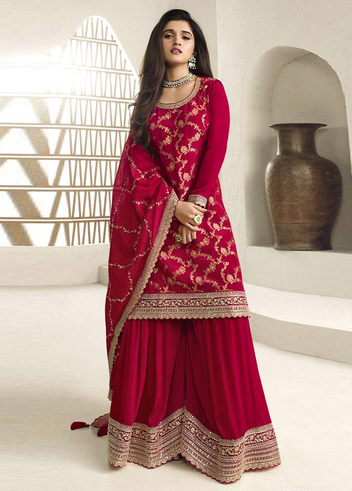 3 Pc Pink Semi Stitched Viscose Suit Set