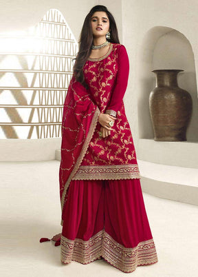 3 Pc Red Semi Stitched Viscose Suit Set