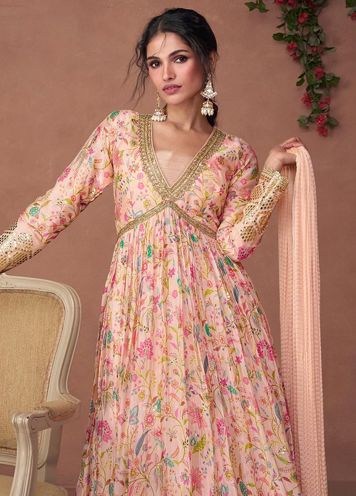 3 Pc Light Peach Semi Stitched Silk Suit Set