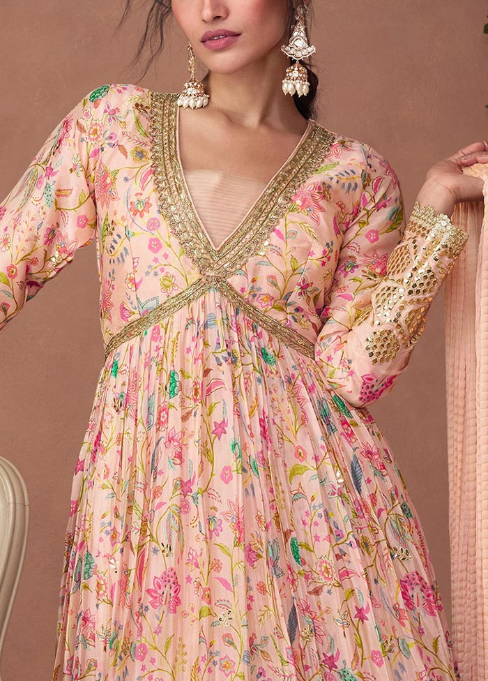 3 Pc Light Peach Semi Stitched Silk Suit Set