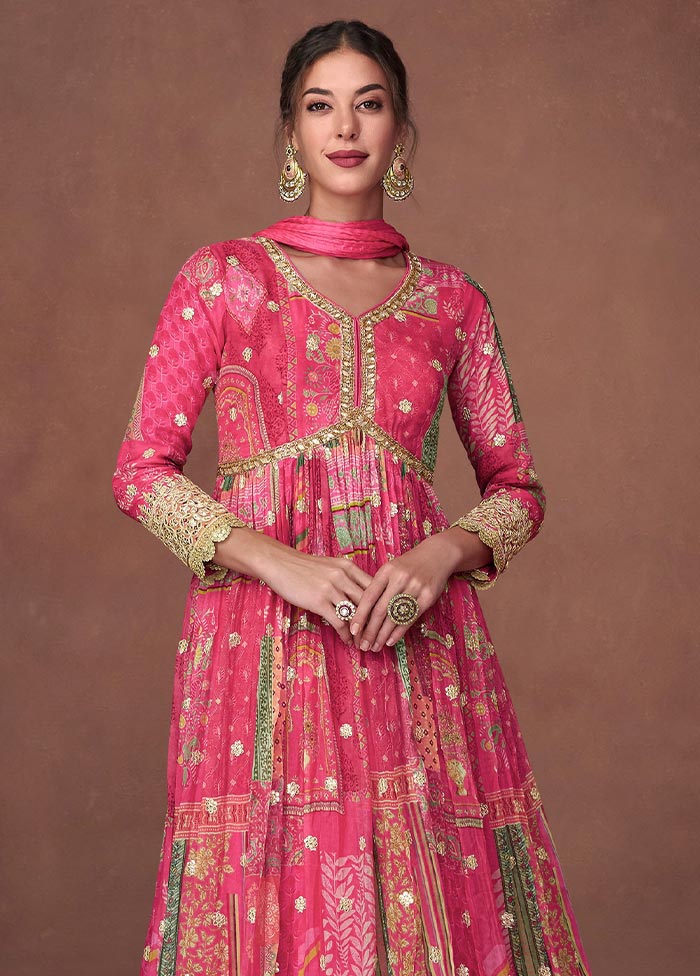 3 Pc Pink Semi Stitched Silk Suit Set