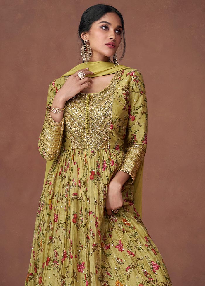 3 Pc Yellow Semi Stitched Silk Suit Set