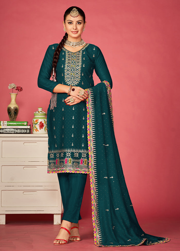 3 Pc Teal Semi Stitched Silk Suit Set