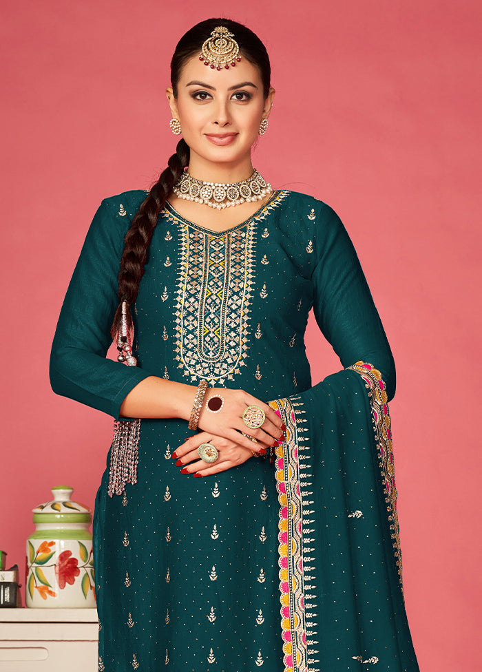 3 Pc Teal Semi Stitched Silk Suit Set