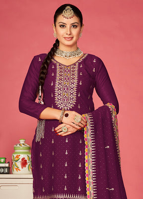 3 Pc Magenta Semi Stitched Silk Suit Set