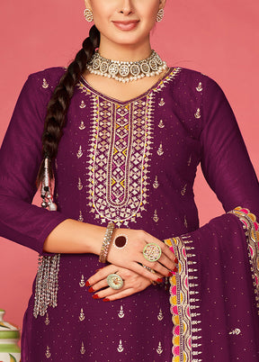 3 Pc Magenta Semi Stitched Silk Suit Set