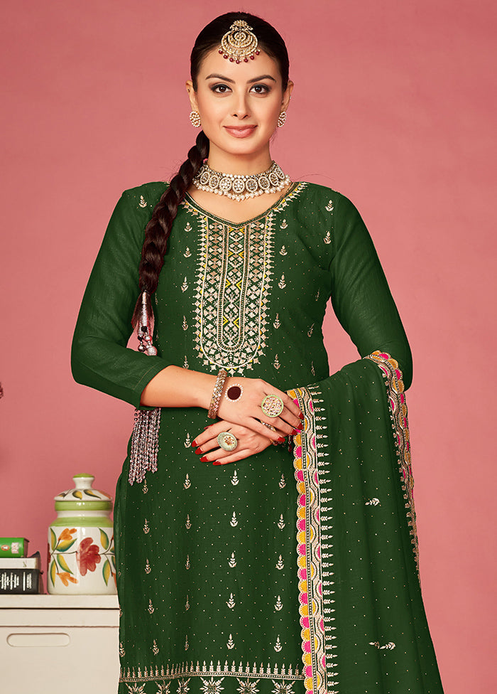 3 Pc Green Semi Stitched Silk Suit Set