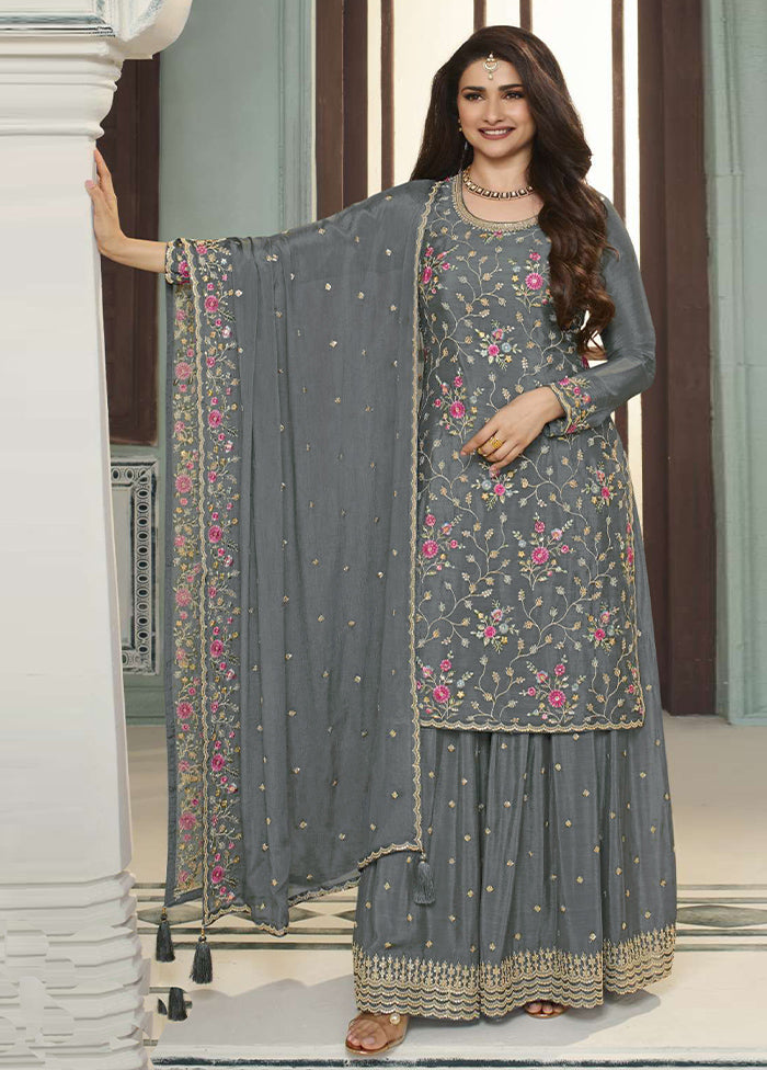 3 Pc Grey Semi Stitched Viscose Suit Set