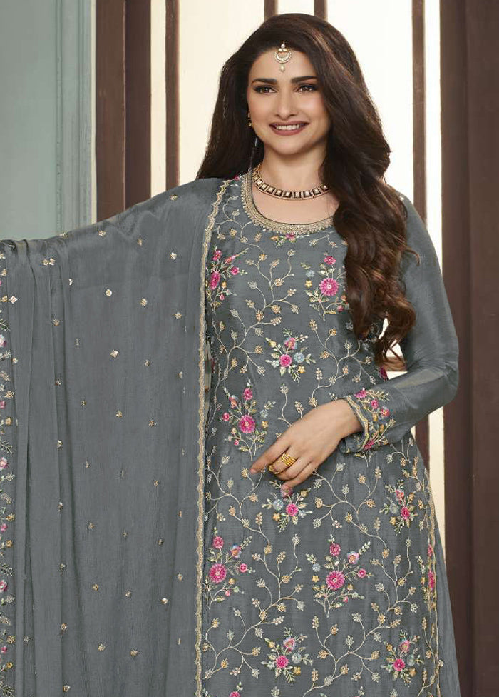 3 Pc Grey Semi Stitched Viscose Suit Set