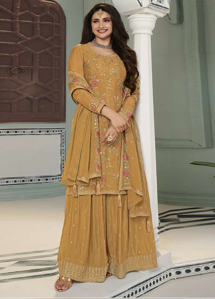 3 Pc Mustard Semi Stitched Viscose Suit Set