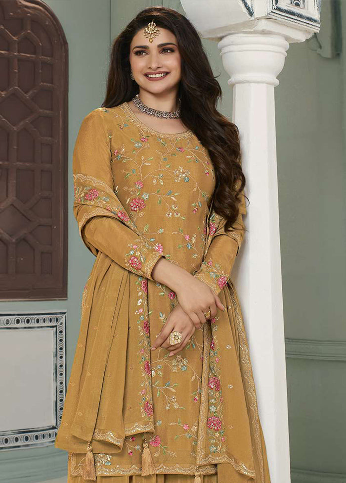 3 Pc Mustard Semi Stitched Viscose Suit Set