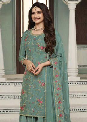 3 Pc Sea Blue Semi Stitched Viscose Suit Set