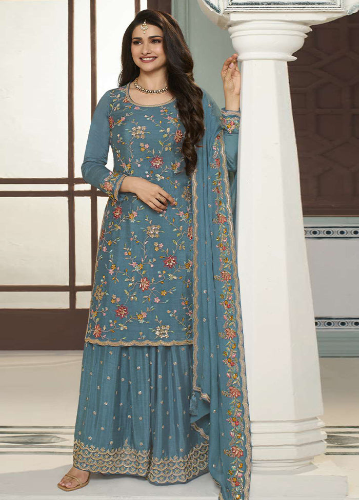 3 Pc Blue Semi Stitched Viscose Suit Set