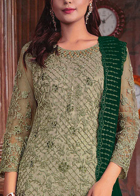 3 Pc Pista Green Semi Stitched Net Suit Set