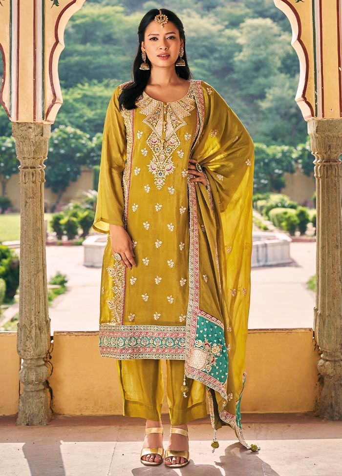 3 Pc Yellow Semi Stitched Silk Suit Set