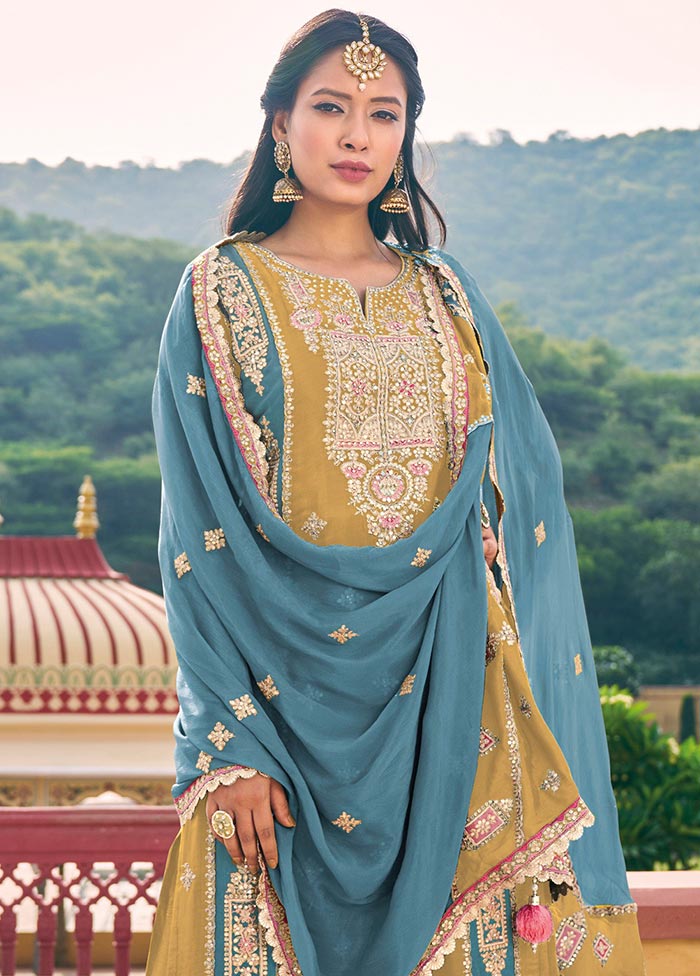 3 Pc Light Yellow Semi Stitched Silk Suit Set