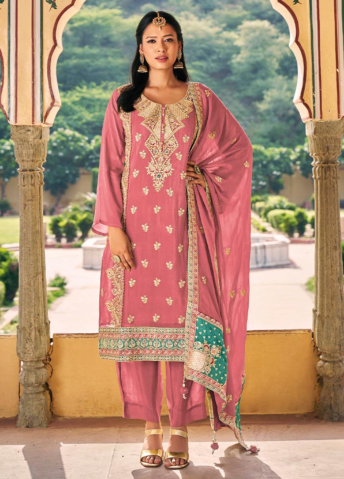 3 Pc Pink Semi Stitched Silk Suit Set