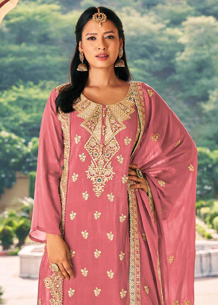 3 Pc Pink Semi Stitched Silk Suit Set