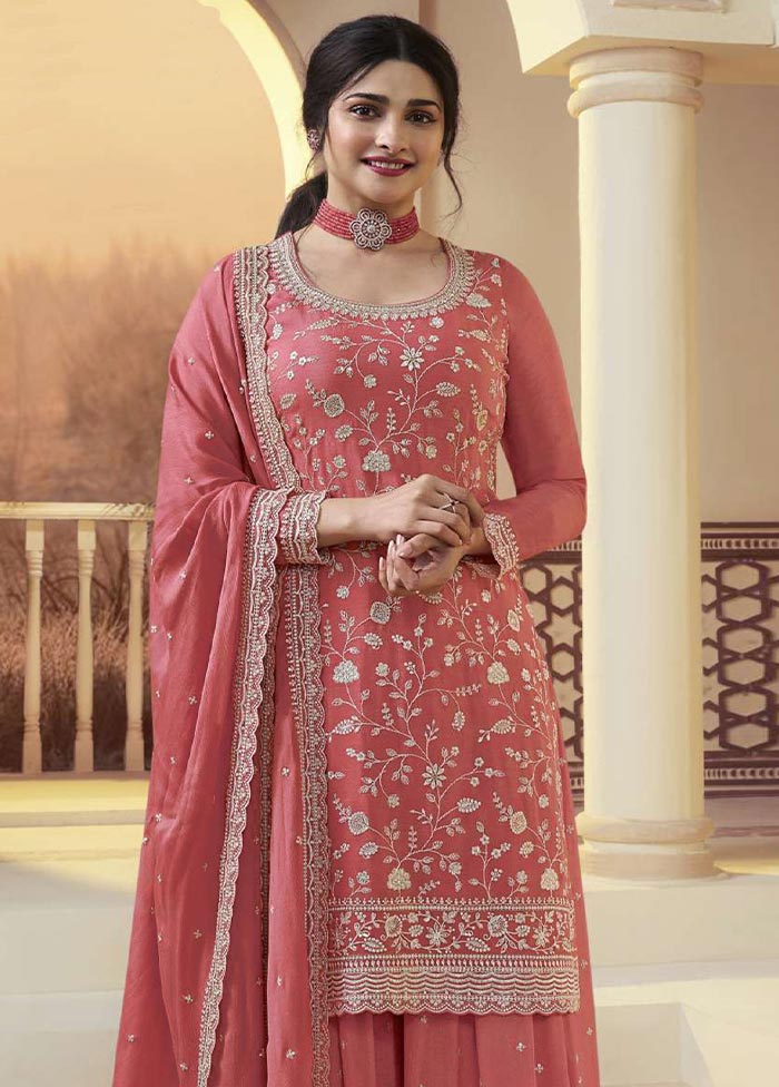 3 Pc Dark Peach Semi Stitched Silk Suit Set