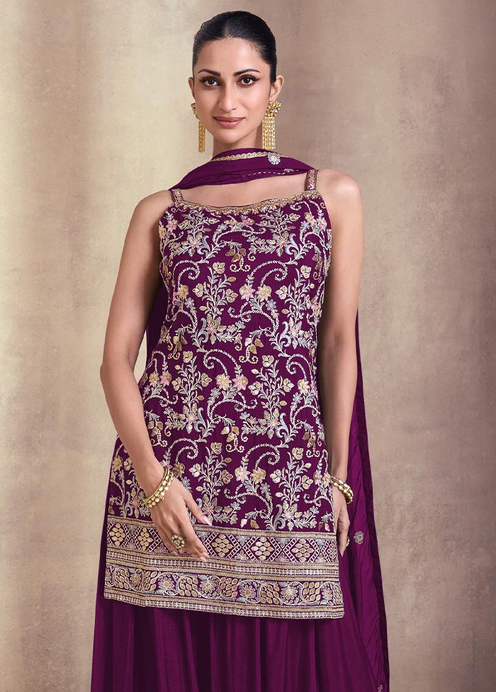 3 Pc Purple Semi Stitched Georgette Suit Set