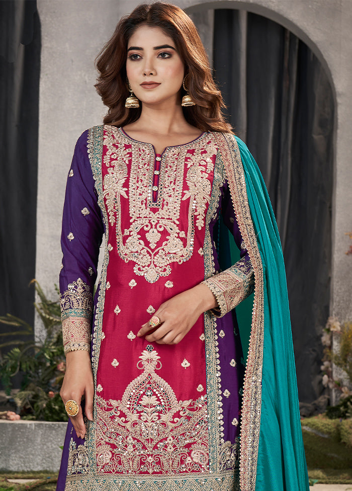 3 Pc Multicolor Semi Stitched Silk Suit Set