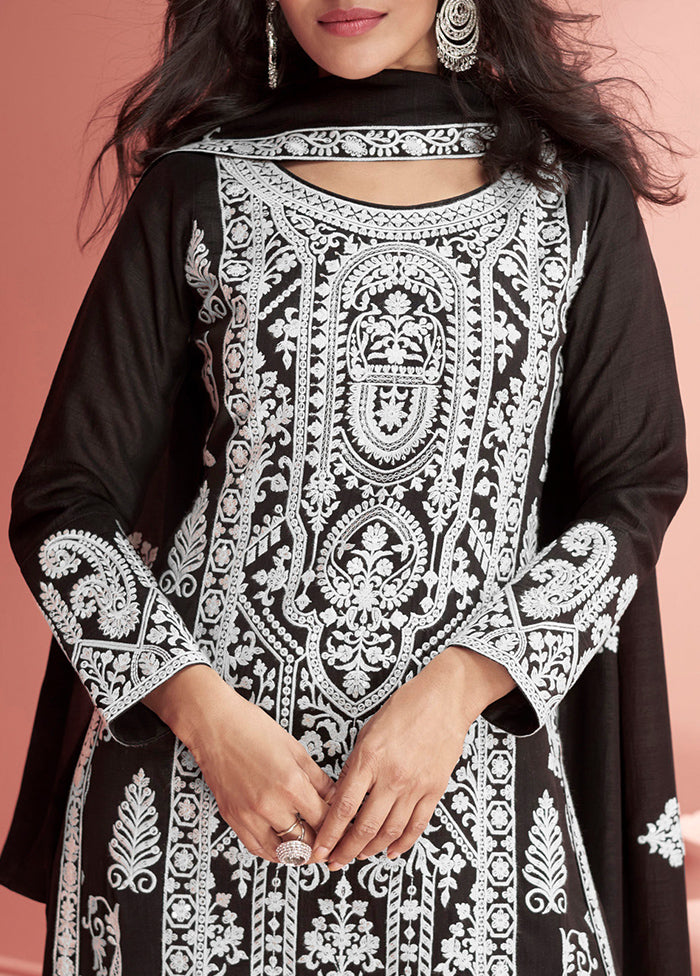 3 Pc Black Semi Stitched Georgette Suit Set