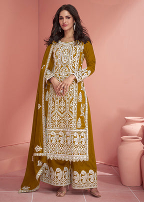 3 Pc Mustard Semi Stitched Georgette Suit Set