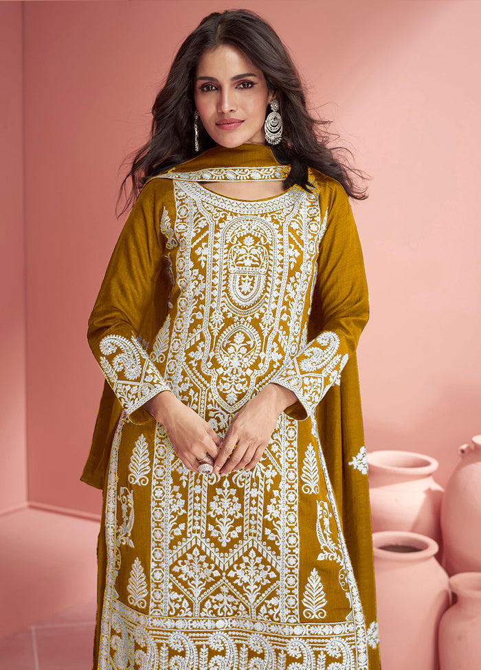 3 Pc Mustard Semi Stitched Georgette Suit Set