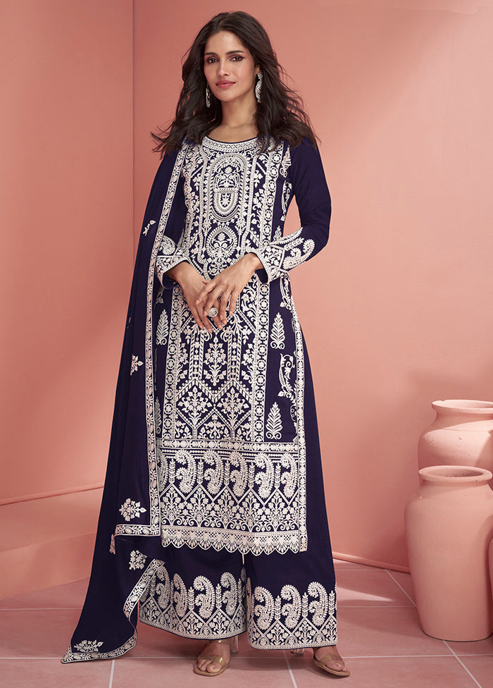 3 Pc Navy Blue Semi Stitched Georgette Suit Set