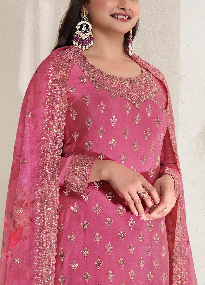 3 Pc Pink Semi Stitched Viscose Suit Set