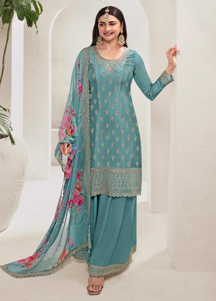 3 Pc Blue Semi Stitched Viscose Suit Set